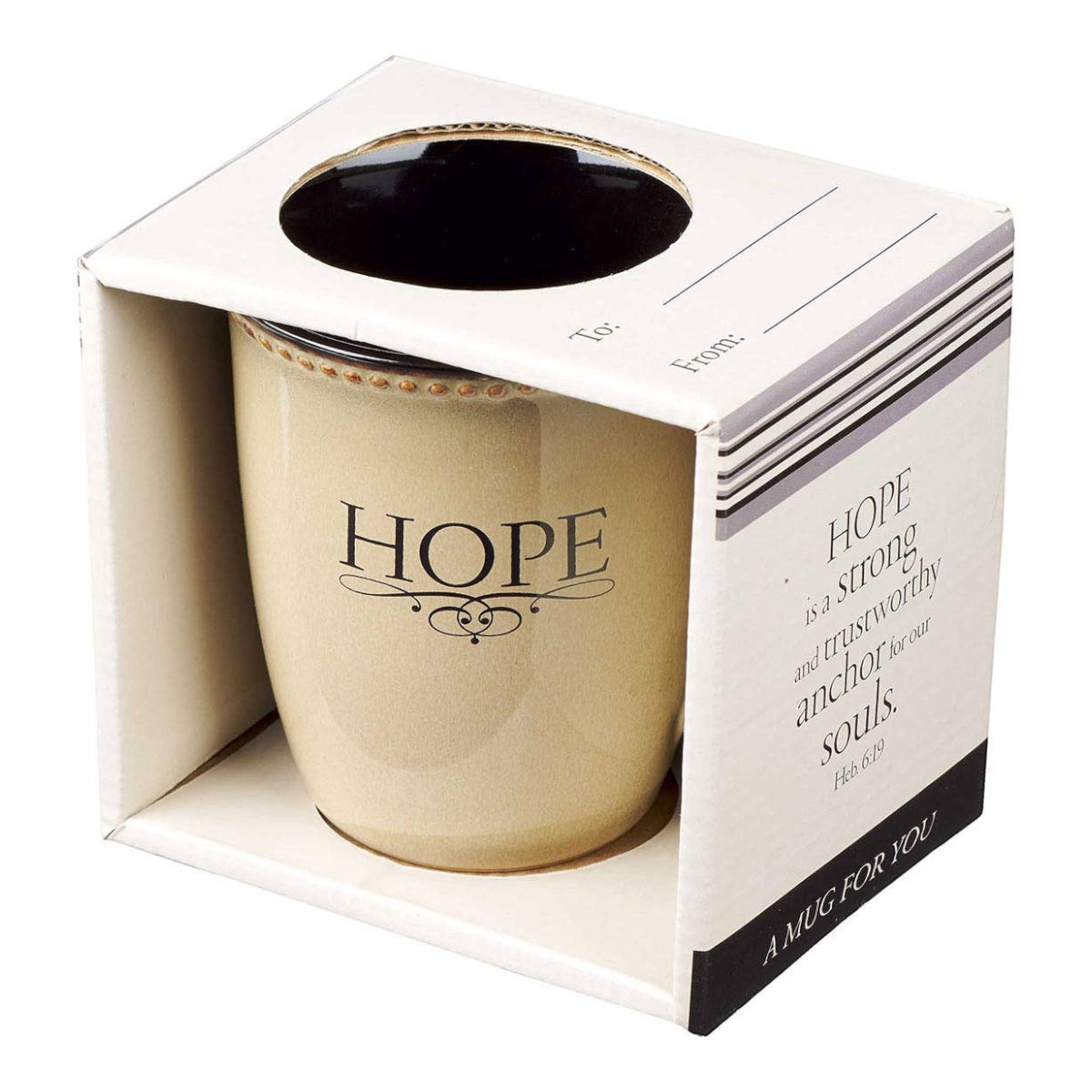 Keepsake lane ivory stoneware mug with HOPE inscription and beaded rim in a decorative gift box