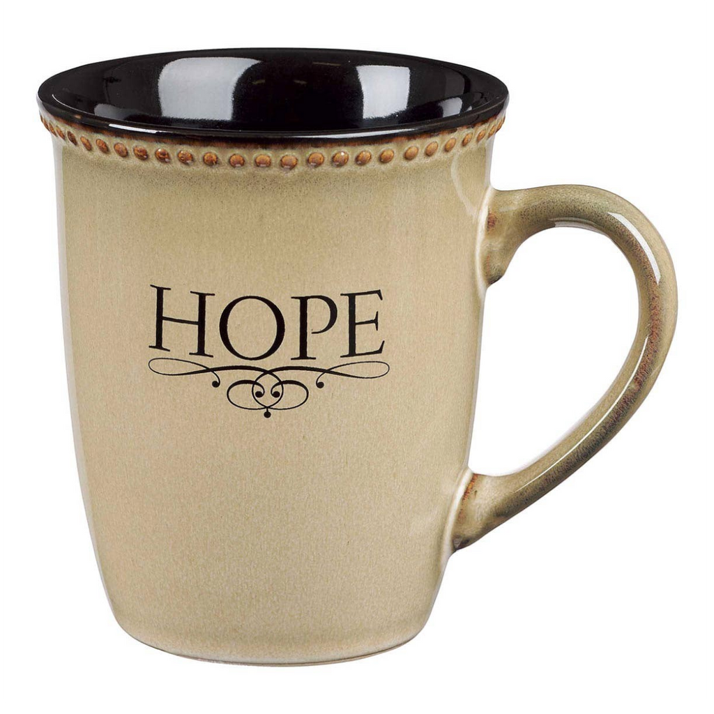 Keepsake lane ivory stoneware coffee mug with black interior, beaded rim, and HOPE inscription in a classic font.