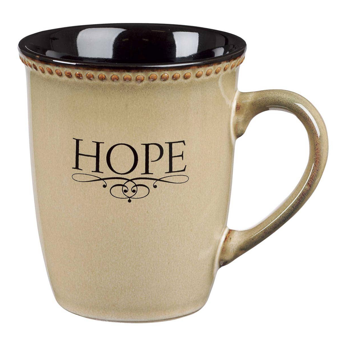Keepsake lane ivory stoneware coffee mug with black interior, beaded rim, and HOPE inscription in a classic font.