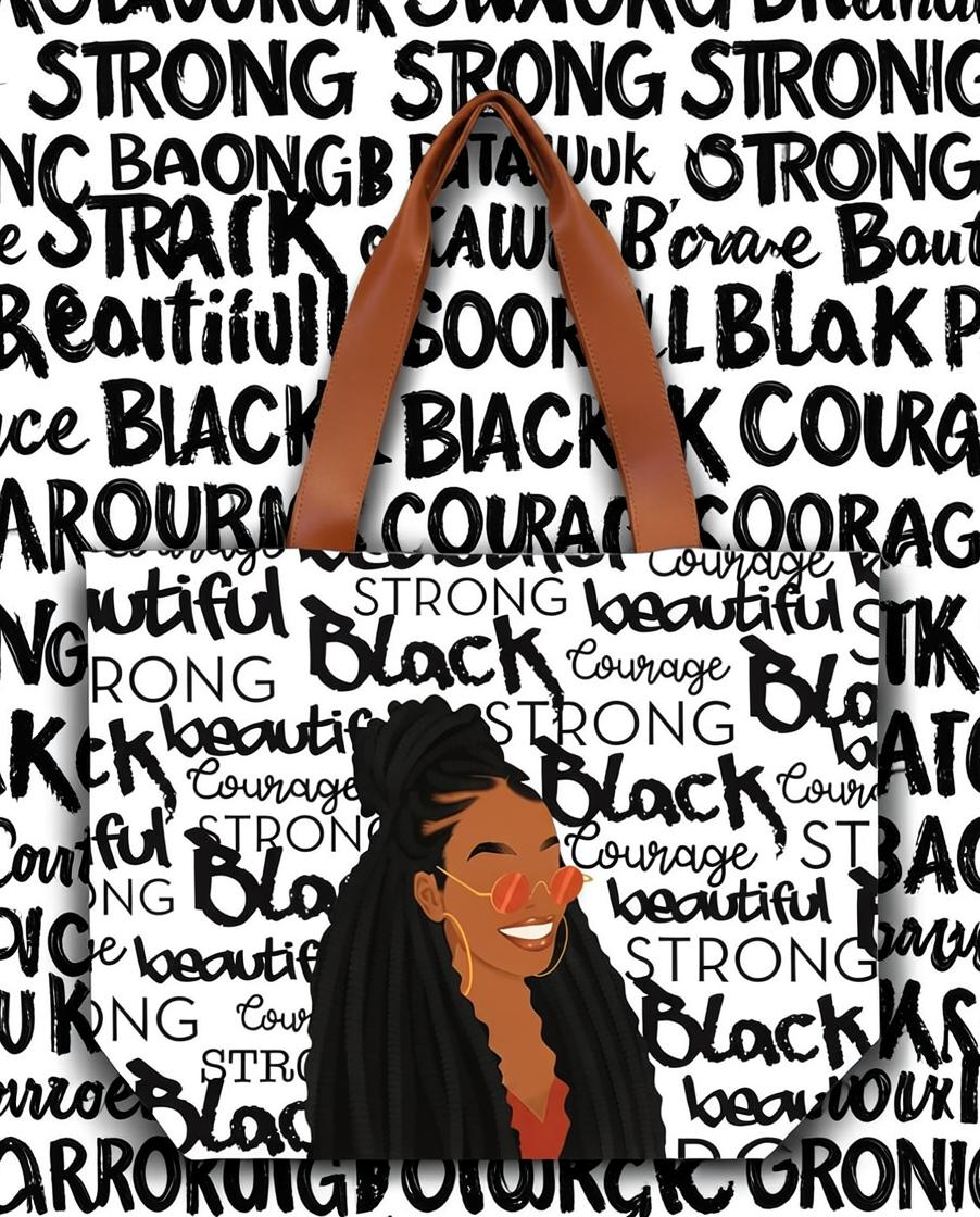 Keepsake lane ceramic mug featuring an illustration of a Black woman with locs against a background of inspirational text