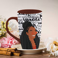 Keepsake lane ceramic coffee mug featuring a vibrant illustration of a woman with typography and a brown handle.