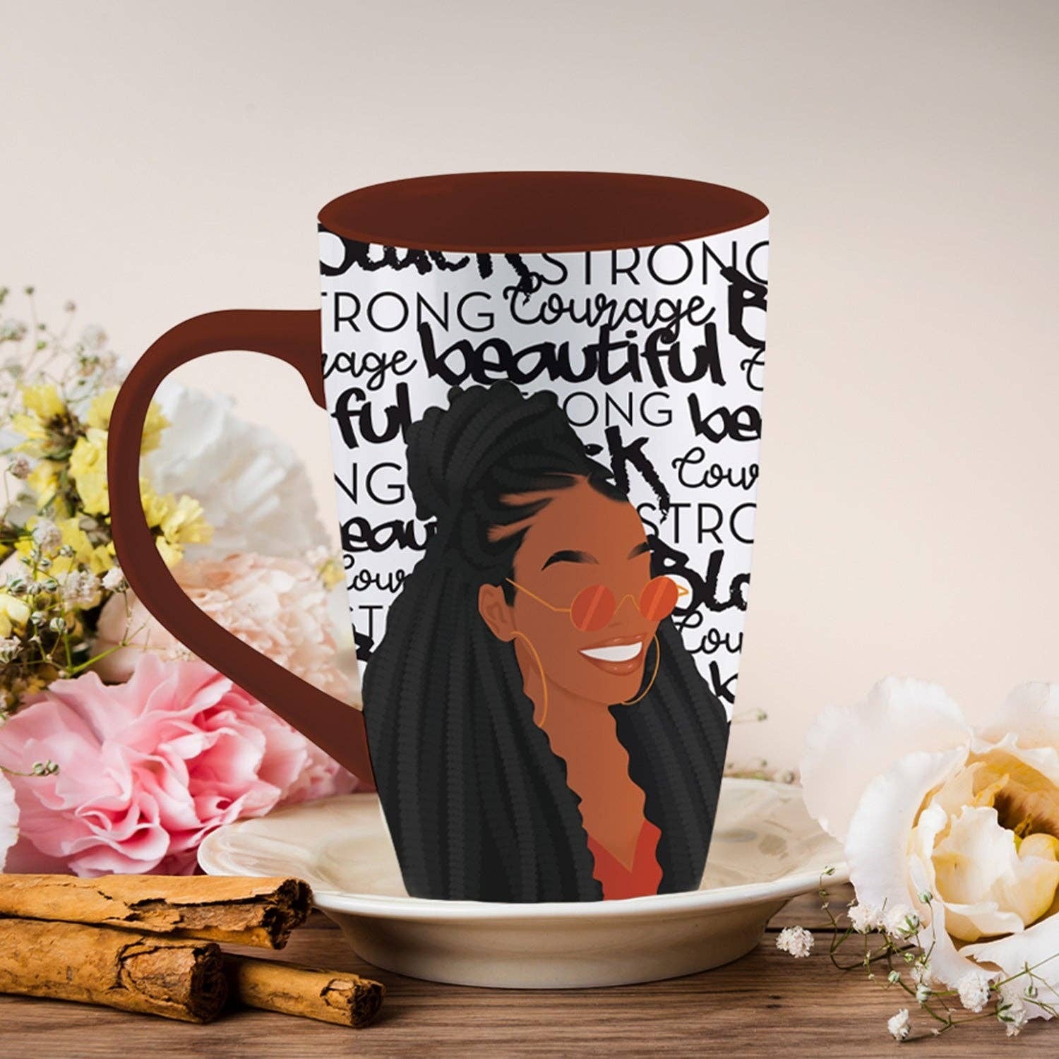 Keepsake lane ceramic coffee mug featuring a vibrant illustration of a woman with typography and a brown handle.