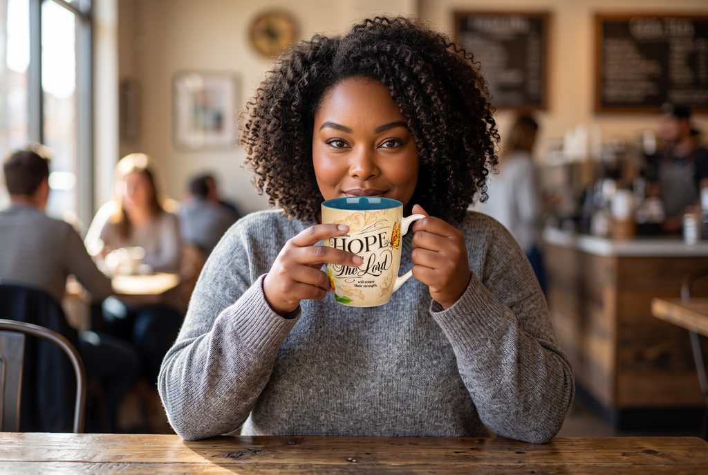 Keepsake lane ceramic mug with Hope in the Lord text held by a woman in a cozy cafe setting