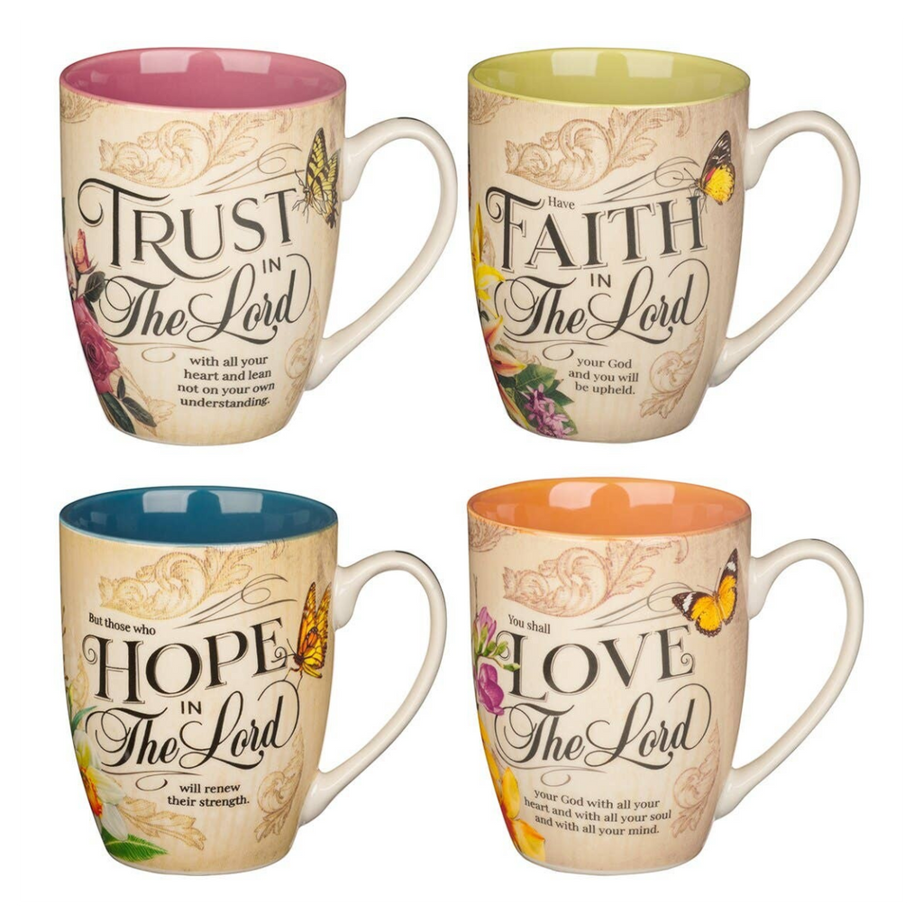 Keepsake lane set of four ceramic mugs featuring floral patterns, butterflies, and inspirational faith quotes.