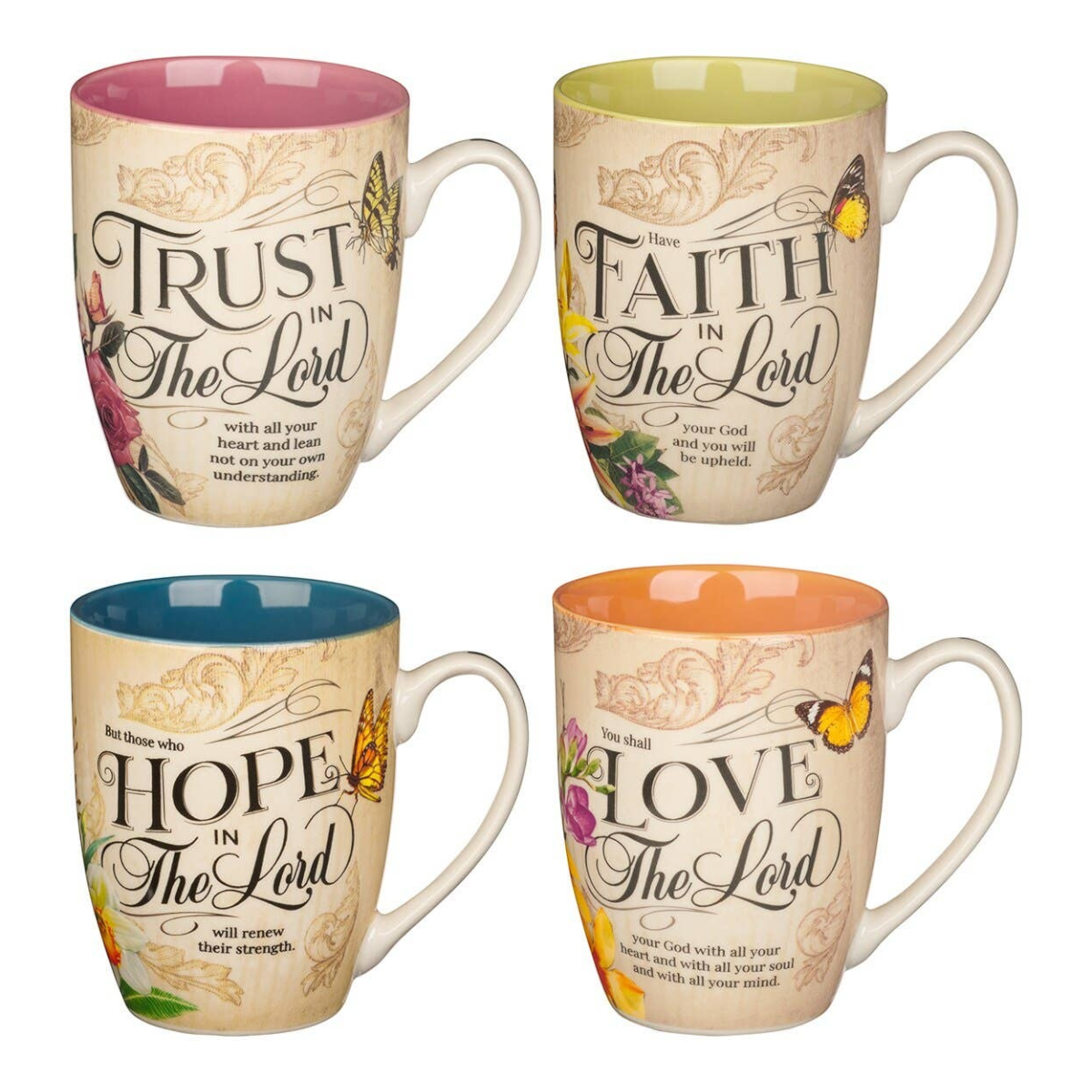 Keepsake lane set of four ceramic mugs featuring floral patterns, butterflies, and inspirational faith quotes.