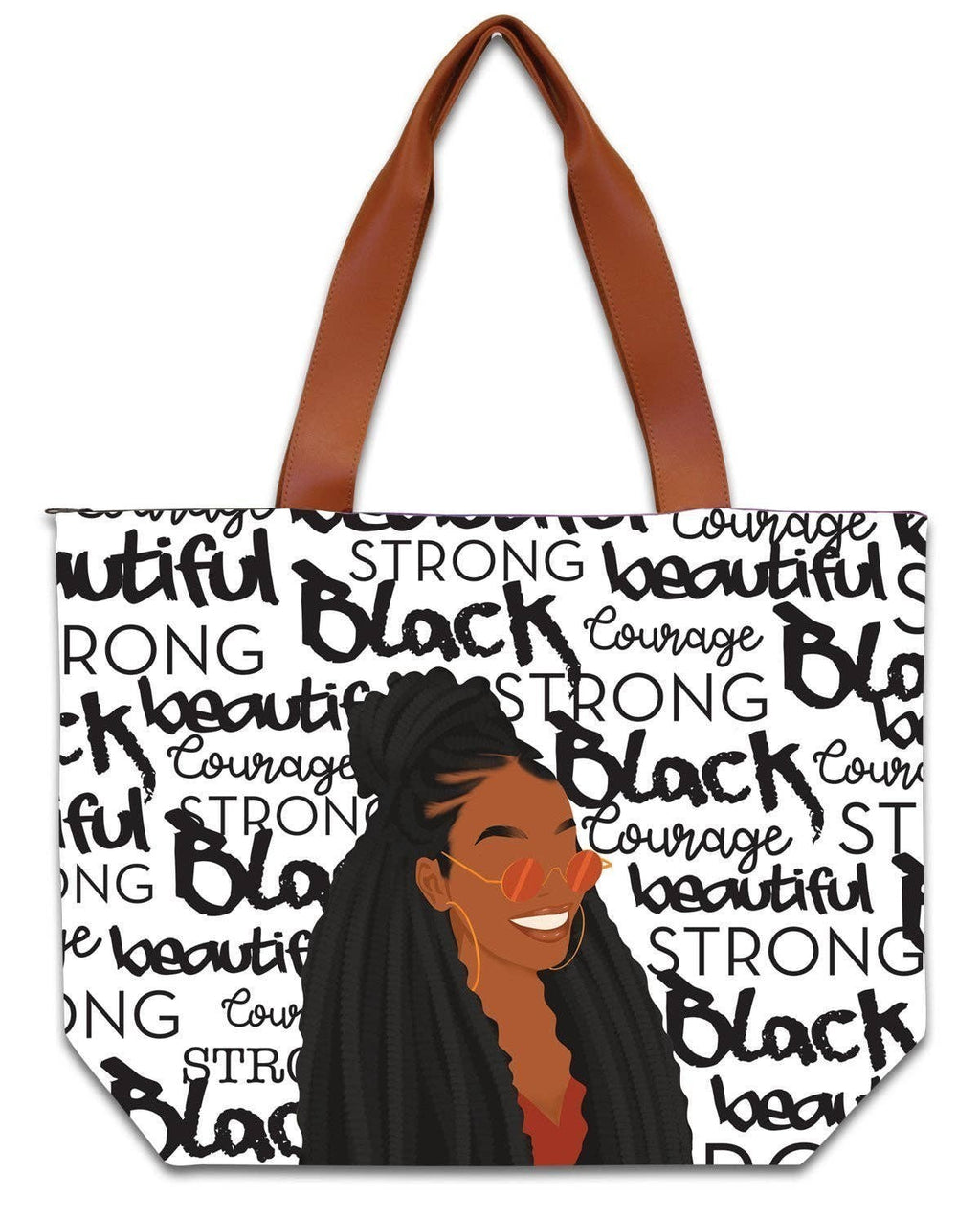 Keepsake lane tote bag featuring a Black woman illustration with inspirational typography and brown shoulder straps.