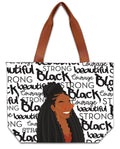 Keepsake lane tote bag featuring a Black woman illustration with inspirational typography and brown shoulder straps.