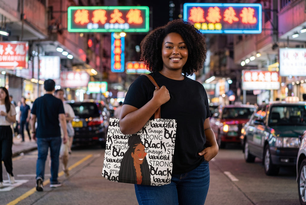 A woman carrying a Keepsake lane white tote bag with black inspirational typography and an illustration in a city.