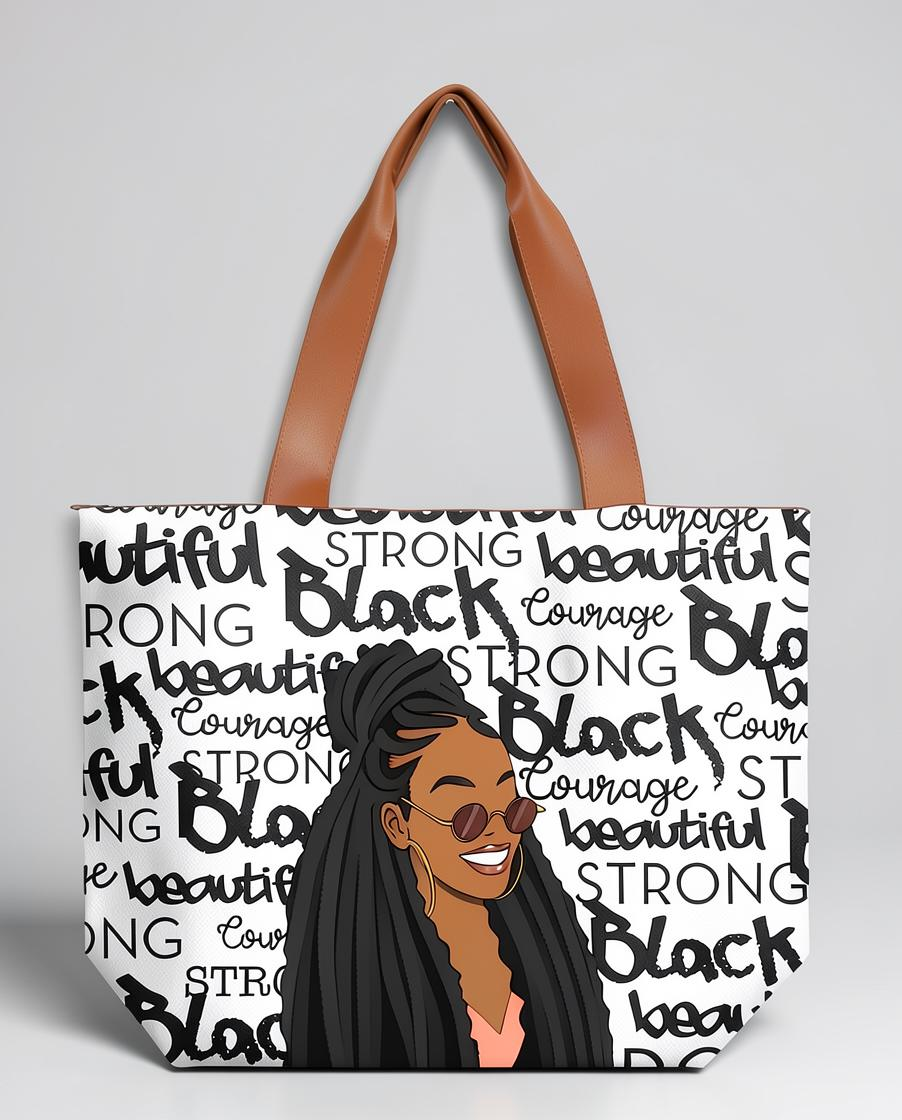 Keepsake lane tote bag featuring an illustration of a Black woman with locs surrounded by inspirational typography.