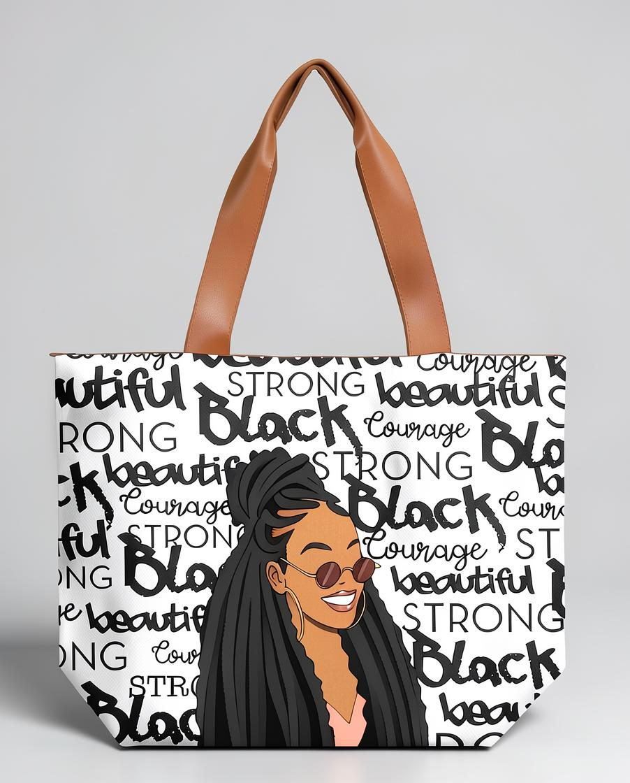 Keepsake lane tote bag featuring a Black woman illustration with inspirational text and brown leather-look handles.