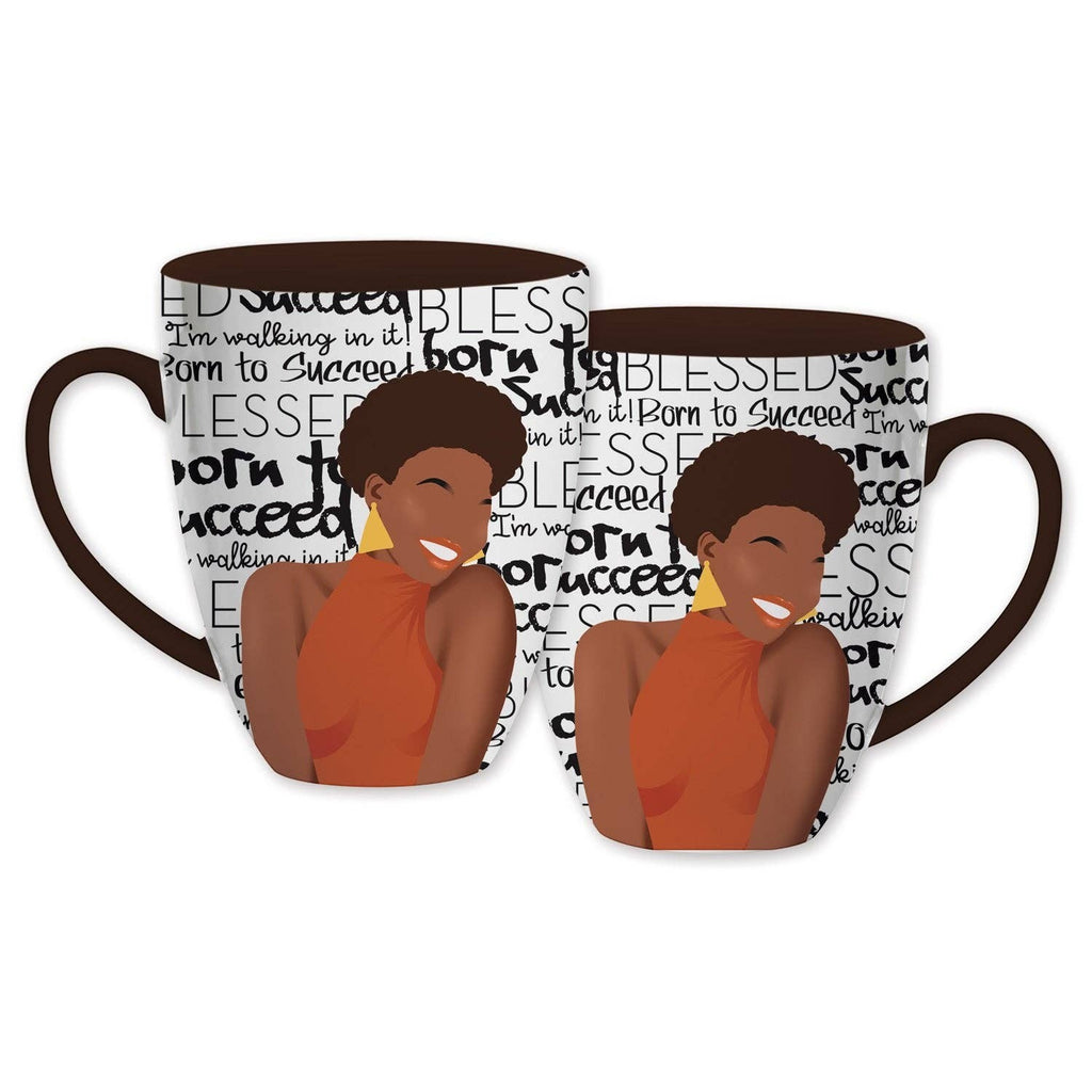 Keepsake lane ceramic coffee mug featuring an inspirational illustration of a woman with motivational typography