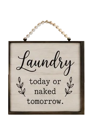 Keepsake lane rustic farmhouse laundry wall sign with wood grain finish, black typography, and beaded hanging cord.