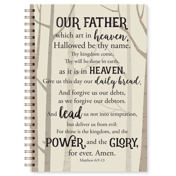 Keepsake lane Lord's Prayer spiral journal with a beige tree background and elegant black typography.