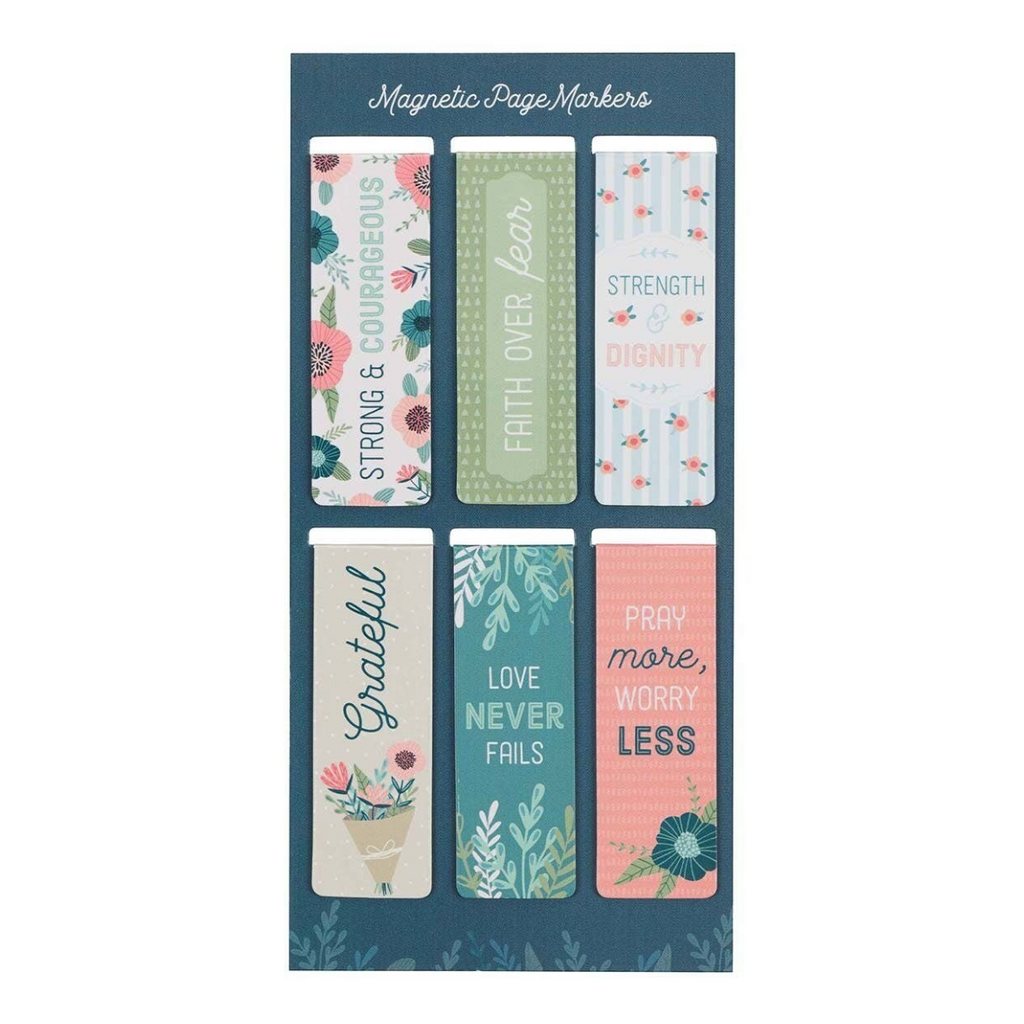 Keepsake lane set of six magnetic page markers featuring floral patterns and uplifting faith-based quotes
