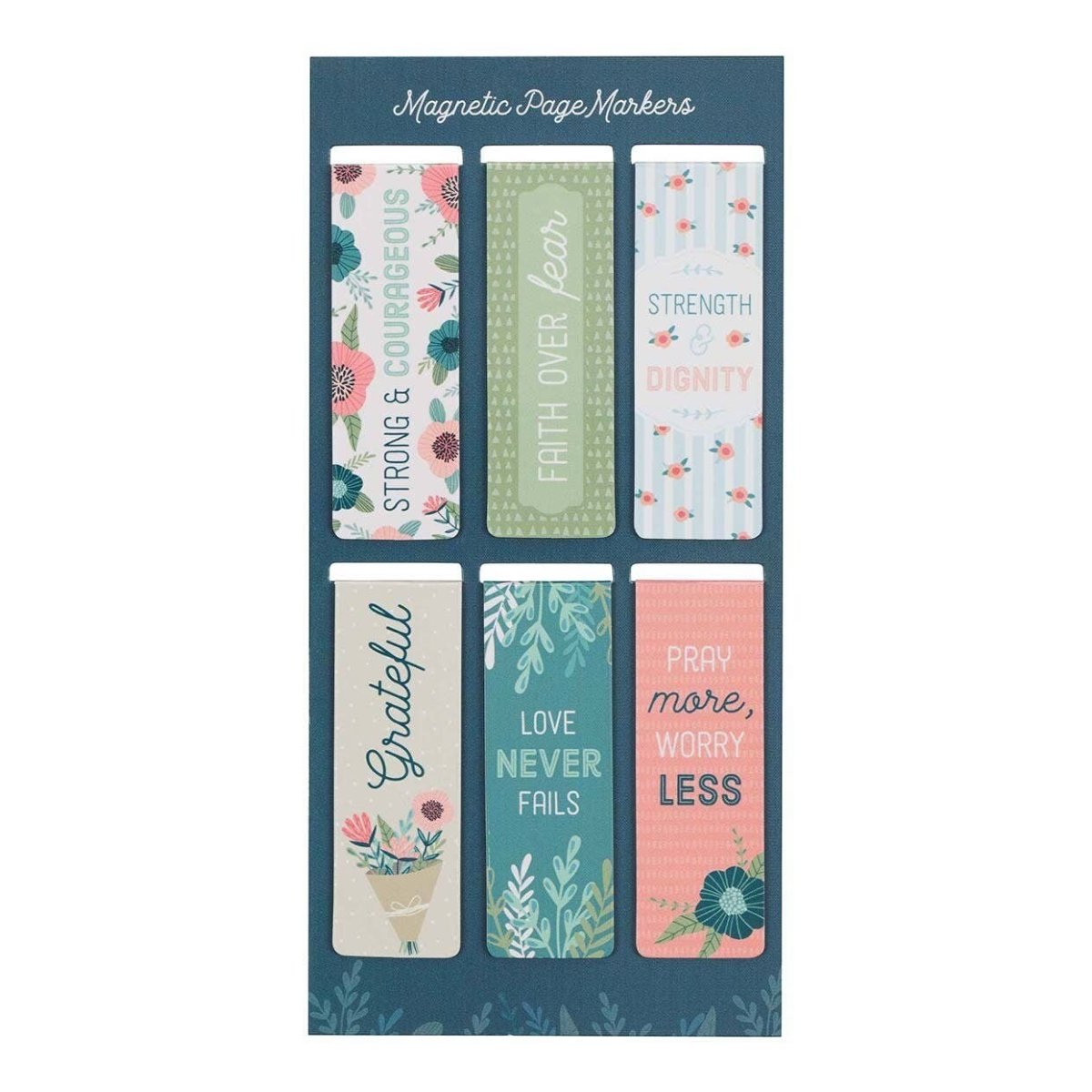 Keepsake lane set of six magnetic page markers featuring floral patterns and uplifting faith-based quotes