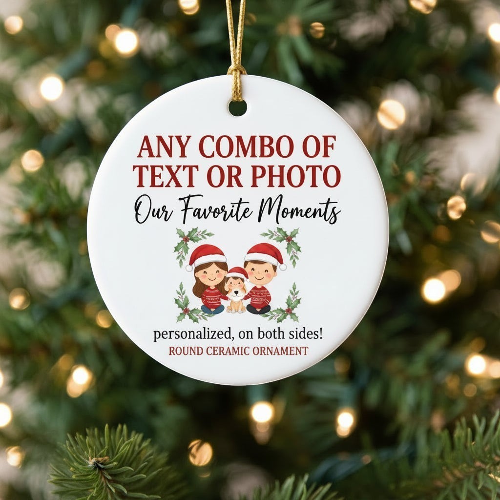Keepsake lane round white ceramic holiday ornament with custom family illustration and text hanging on a tree
