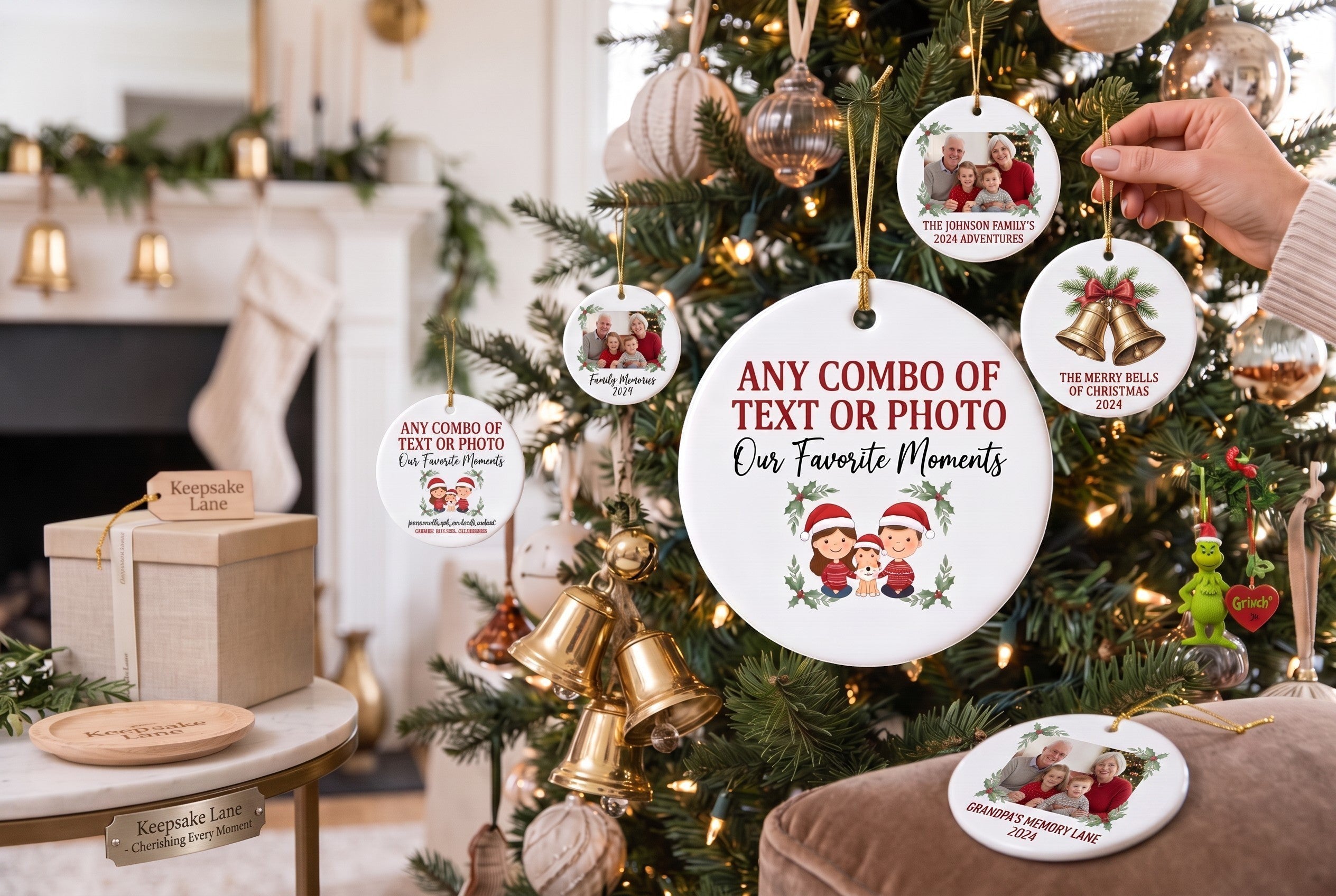 Keepsake lane personalized round ceramic holiday ornaments with custom family photos and text hanging on a tree