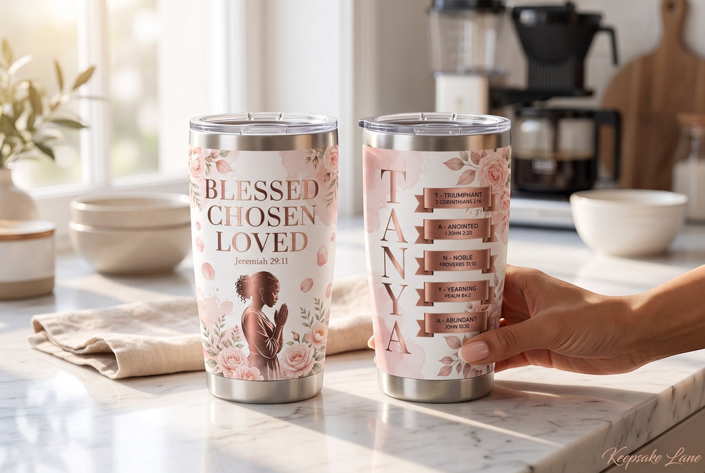 Keepsake lane personalized stainless steel tumbler with floral faith-inspired graphics, scripture, and custom name.