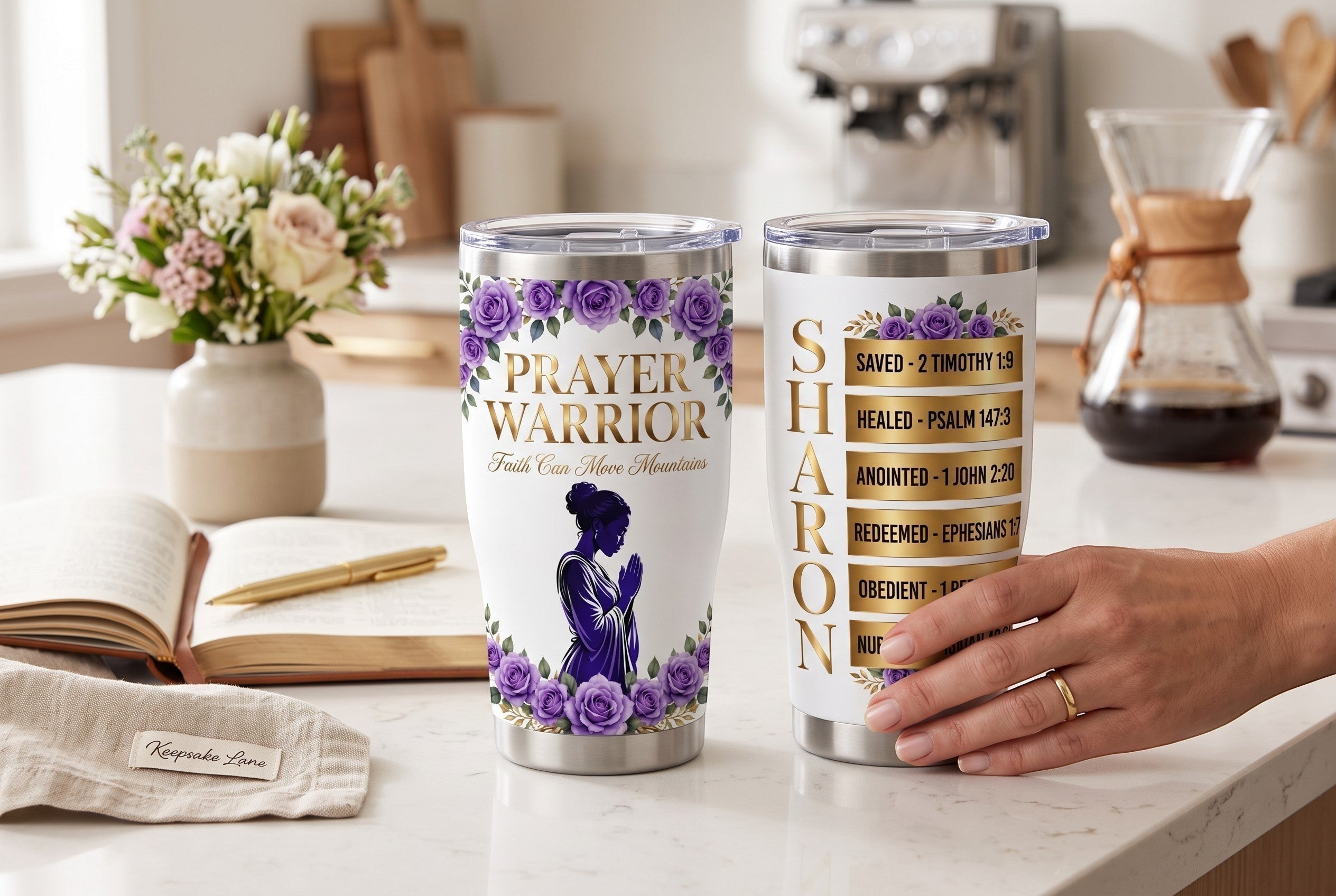 Keepsake lane personalized stainless steel tumbler featuring purple floral art, scripture, and prayer warrior design.