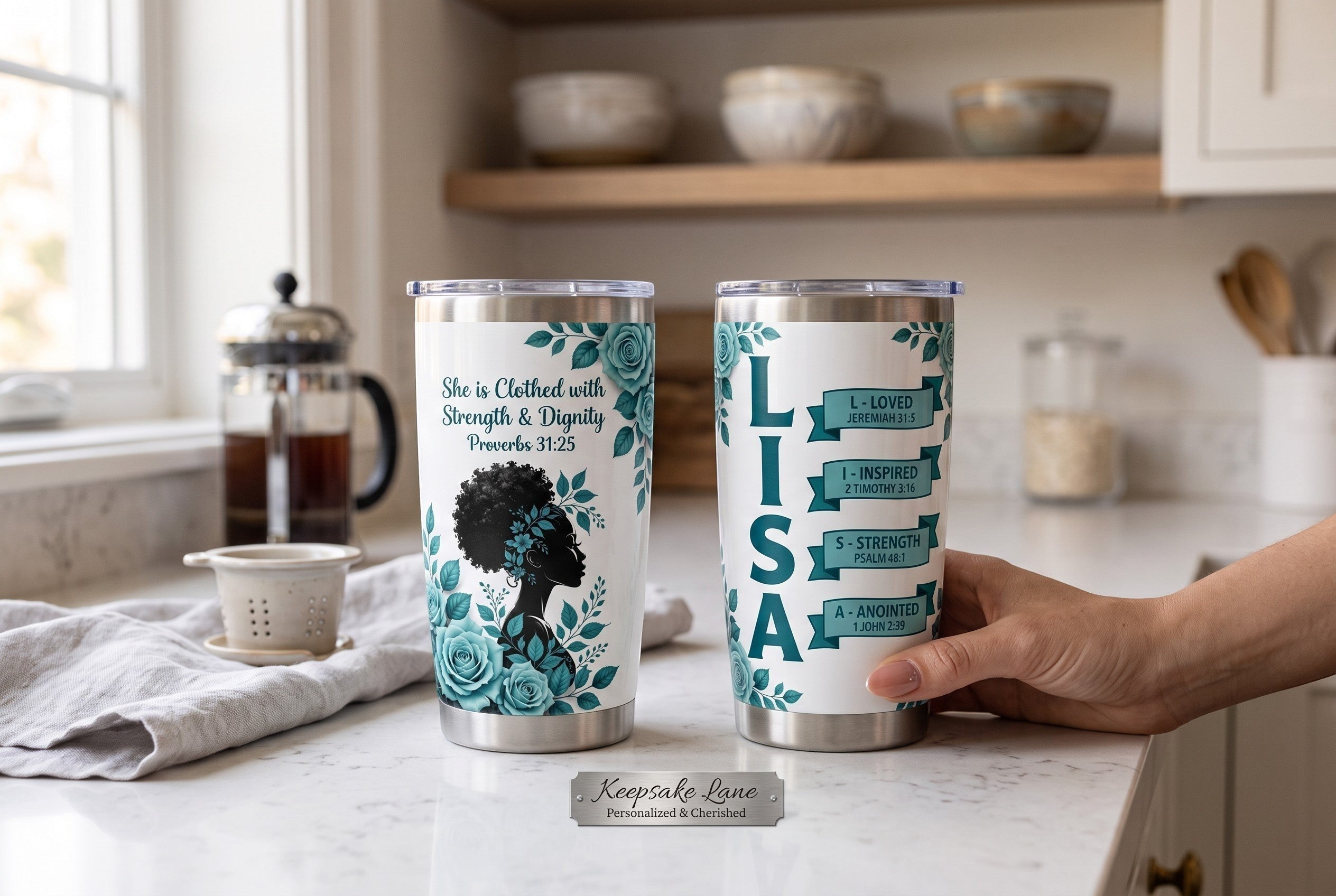 Keepsake lane personalized stainless steel tumblers featuring floral artwork, scripture, and custom name on a counter