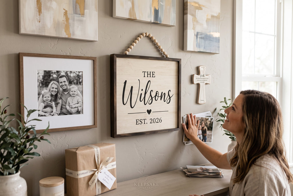 Keepsake lane personalized farmhouse wall sign with wood grain finish, black typography, and beaded hanging cord.