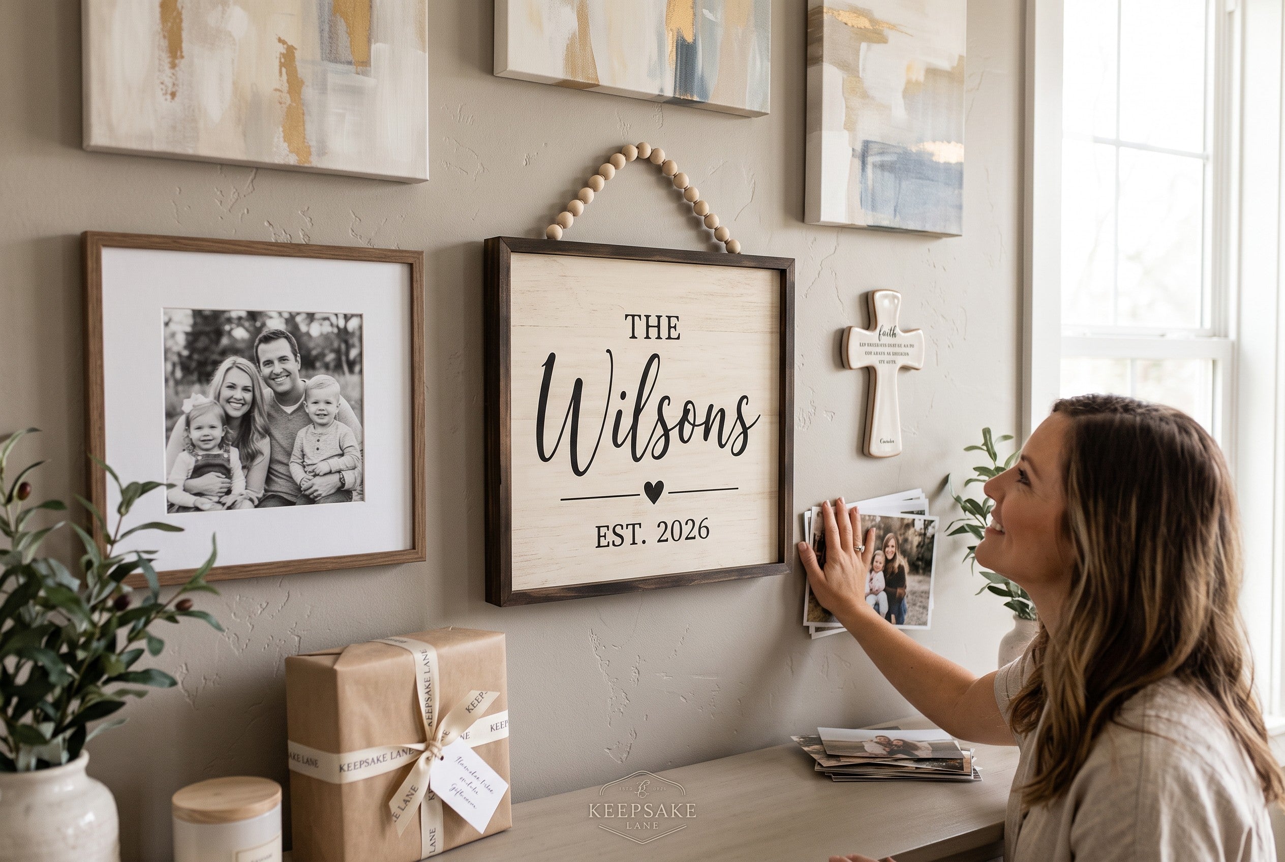 Keepsake lane personalized farmhouse wall sign with wood grain finish, black typography, and beaded hanging cord.