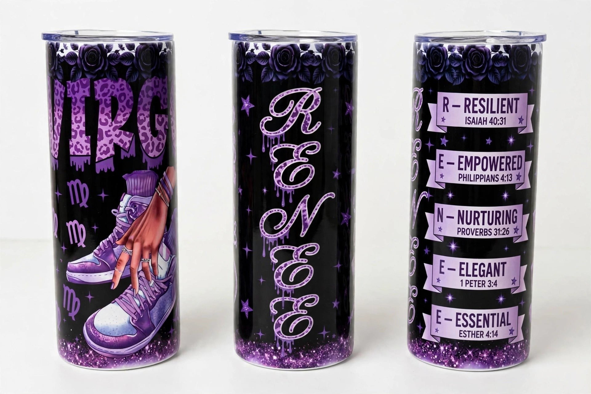 Keepsake lane personalized purple and black stainless steel zodiac tumbler with floral, star, and sneaker graphics.