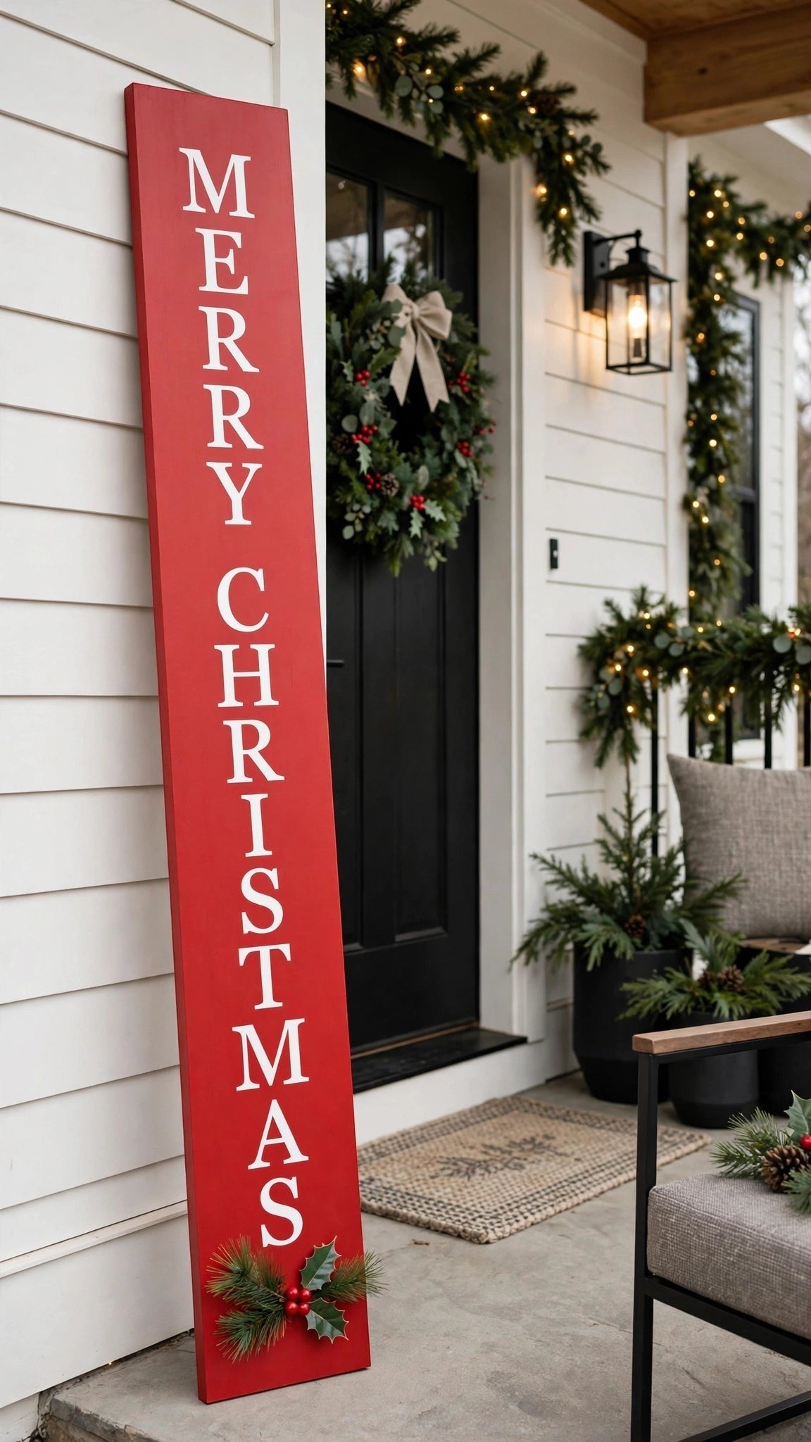 Keepsake lane red vertical Merry Christmas porch sign with white lettering and festive pine and holly accents.