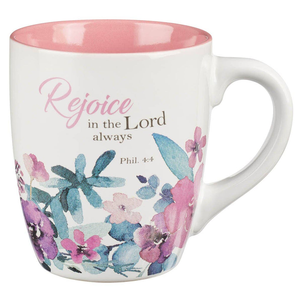 Keepsake lane ceramic mug from the Rejoice collection featuring watercolor floral art and scripture text in pink