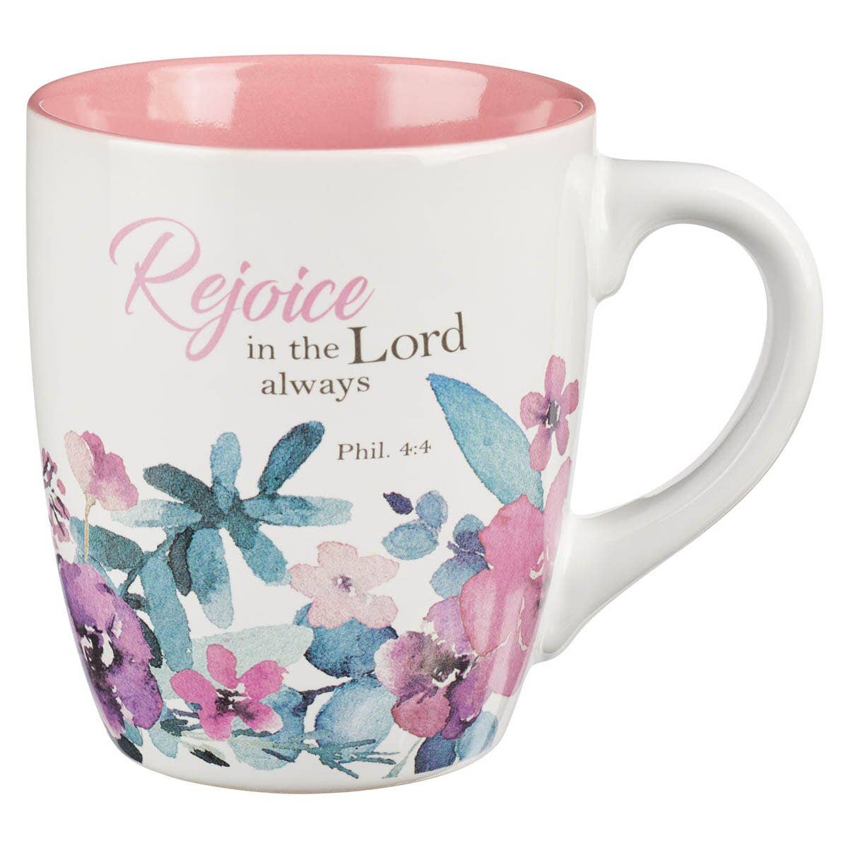 Keepsake lane ceramic mug from the Rejoice collection featuring watercolor floral art and scripture text in pink