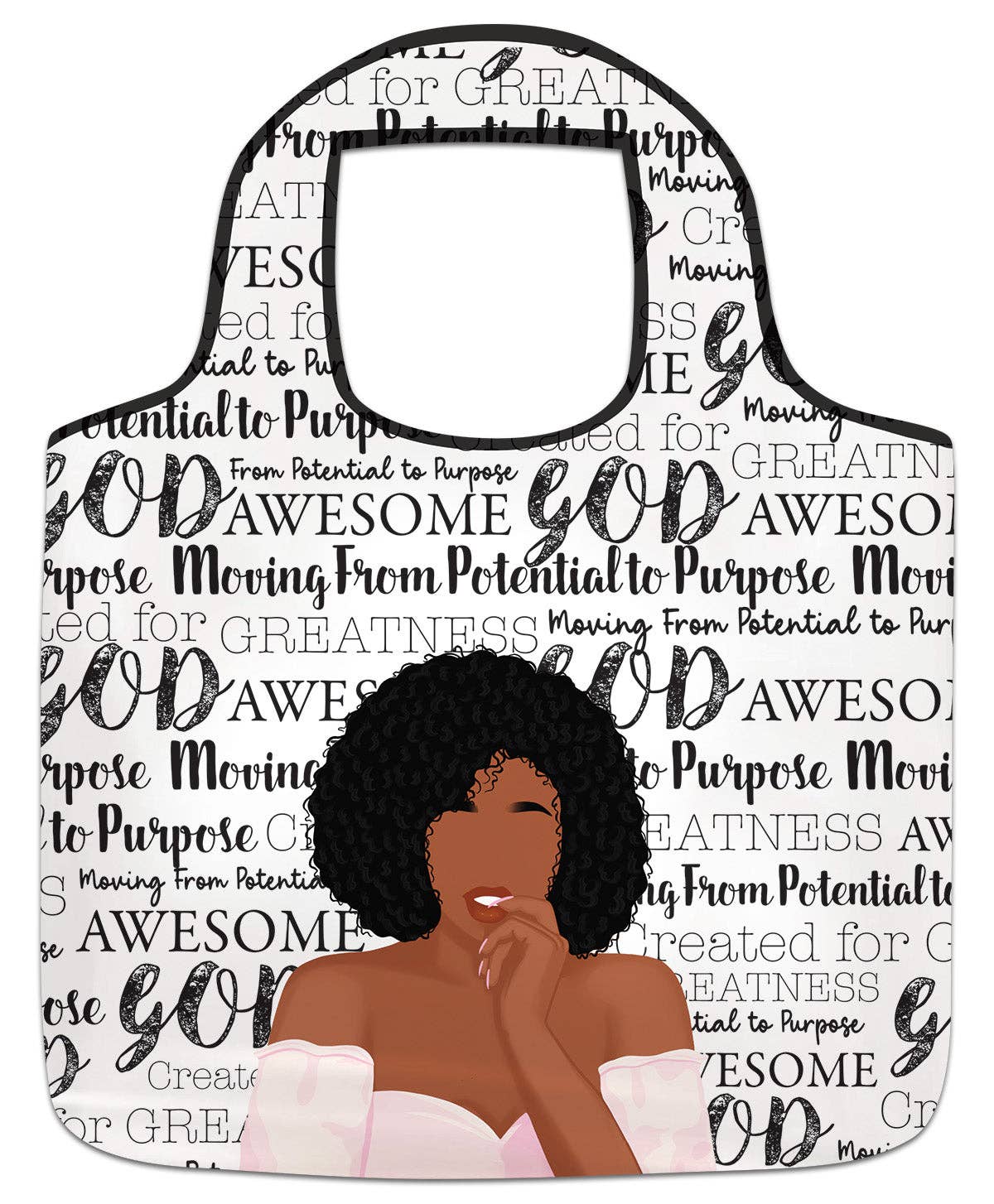 Keepsake lane reusable bag featuring an illustration of a woman with an afro and inspirational typography text