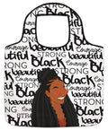 Keepsake lane reusable tote bag featuring a black woman with braided hair and empowering typographic print