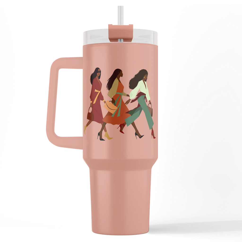 Keepsake lane rose-toned stainless steel insulated tumbler with a graphic of women walking and an inspirational quote.