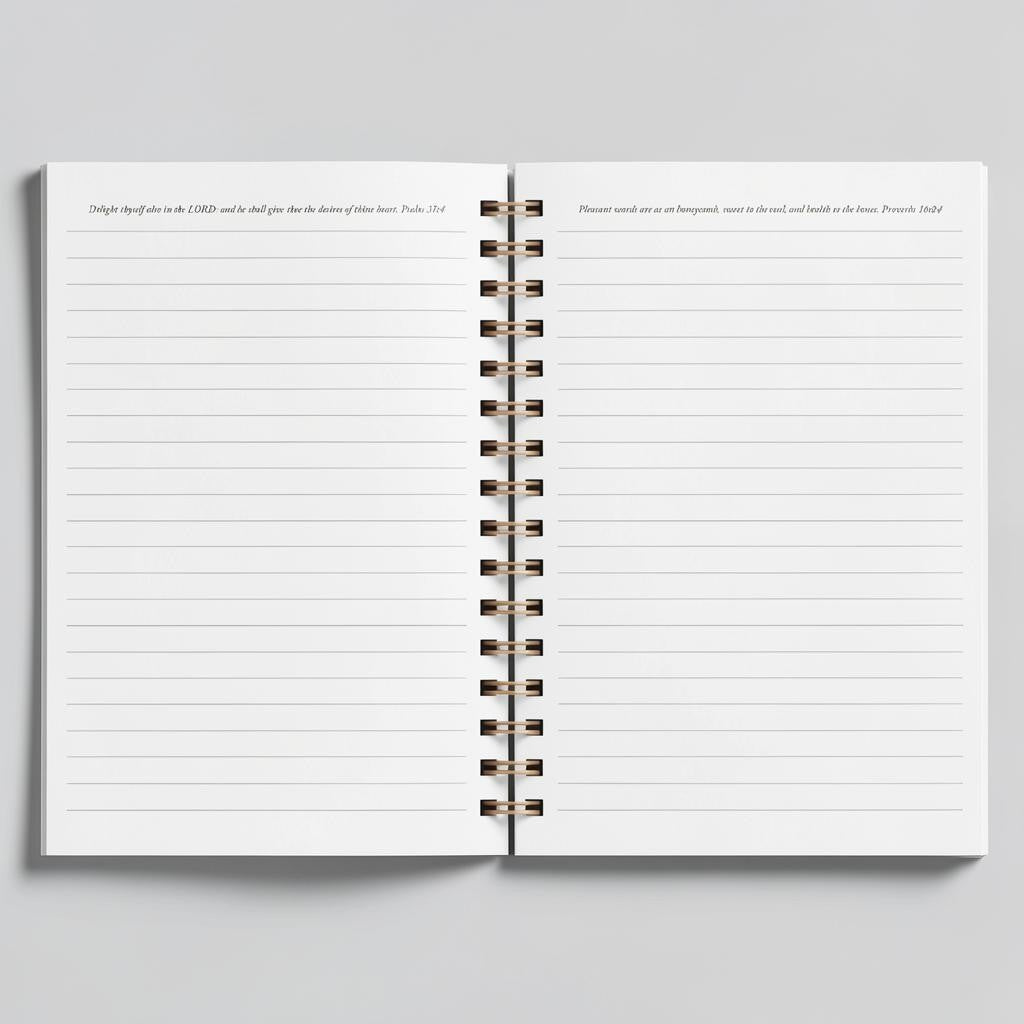 Keepsake lane spiral bound journal open to lined pages with printed scripture verses at the top
