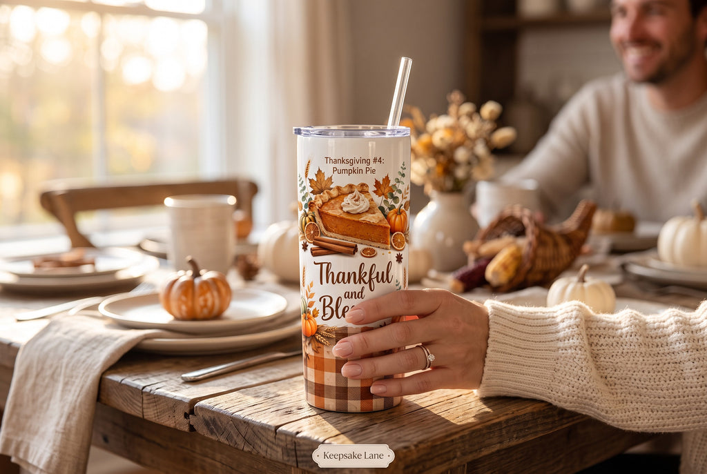 Keepsake lane Thanksgiving tumbler featuring pumpkin pie, fall foliage, and buffalo plaid, held at a rustic table.