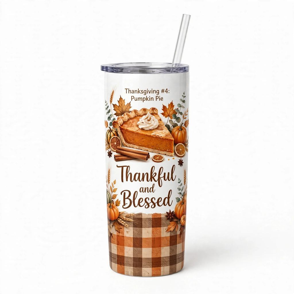 Keepsake lane Thanksgiving tumbler with pumpkin pie, cinnamon, and buffalo plaid print, includes lid and straw.