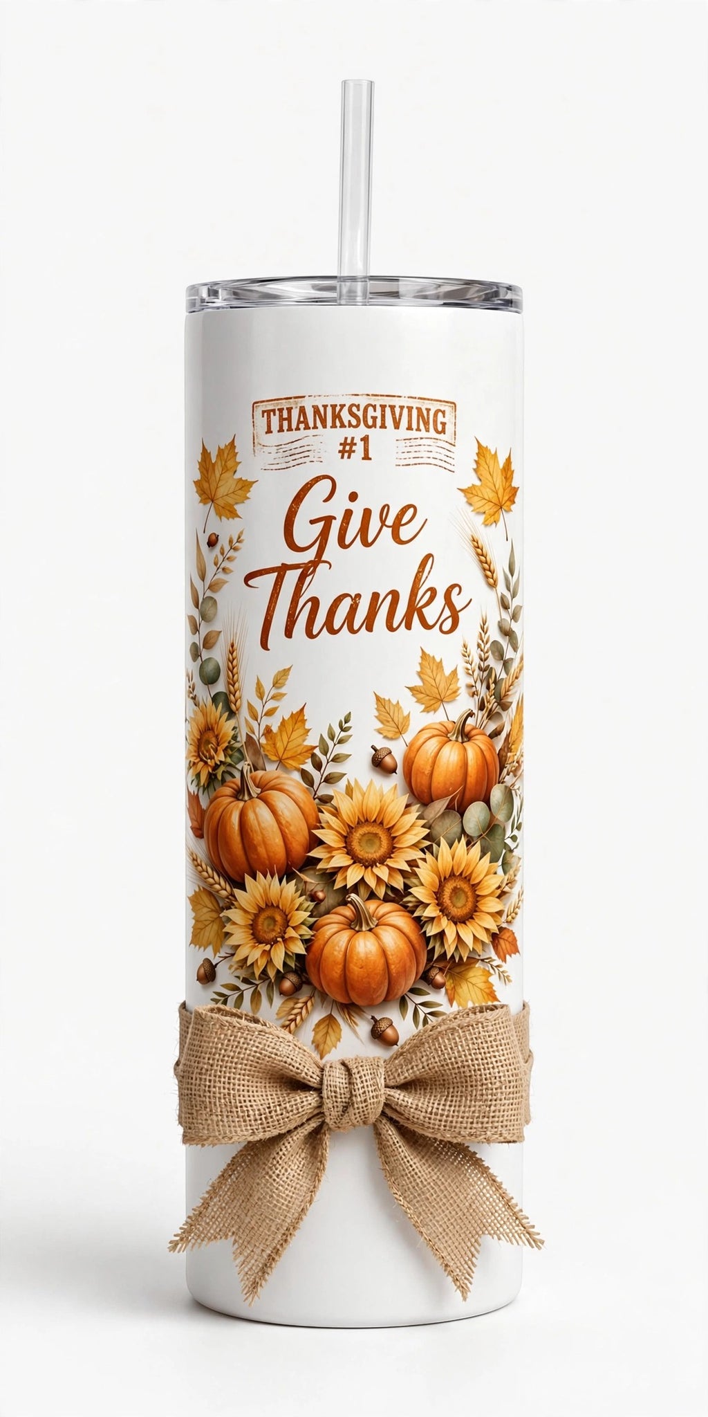 Keepsake lane stainless steel tumbler with Thanksgiving harvest print, sunflowers, pumpkins, and a burlap bow.