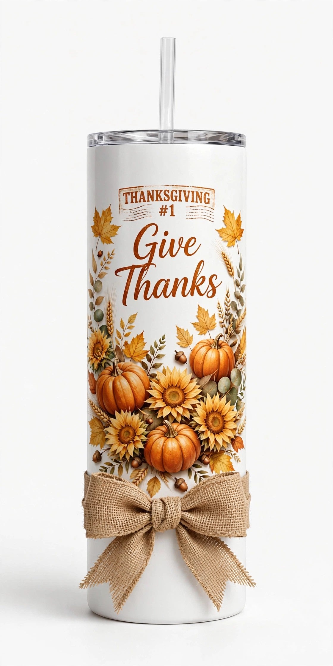 Keepsake lane stainless steel tumbler with Thanksgiving harvest print, sunflowers, pumpkins, and a burlap bow.