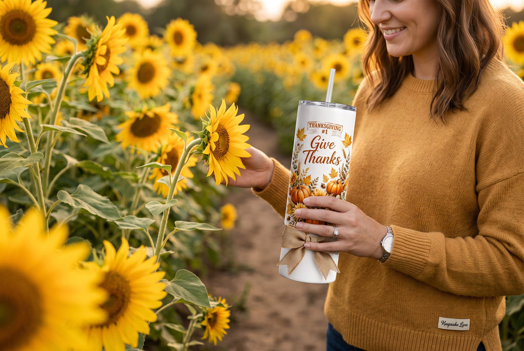 Keepsake lane stainless steel tumbler with sunflower and pumpkin print, held by a woman in a sunflower field.