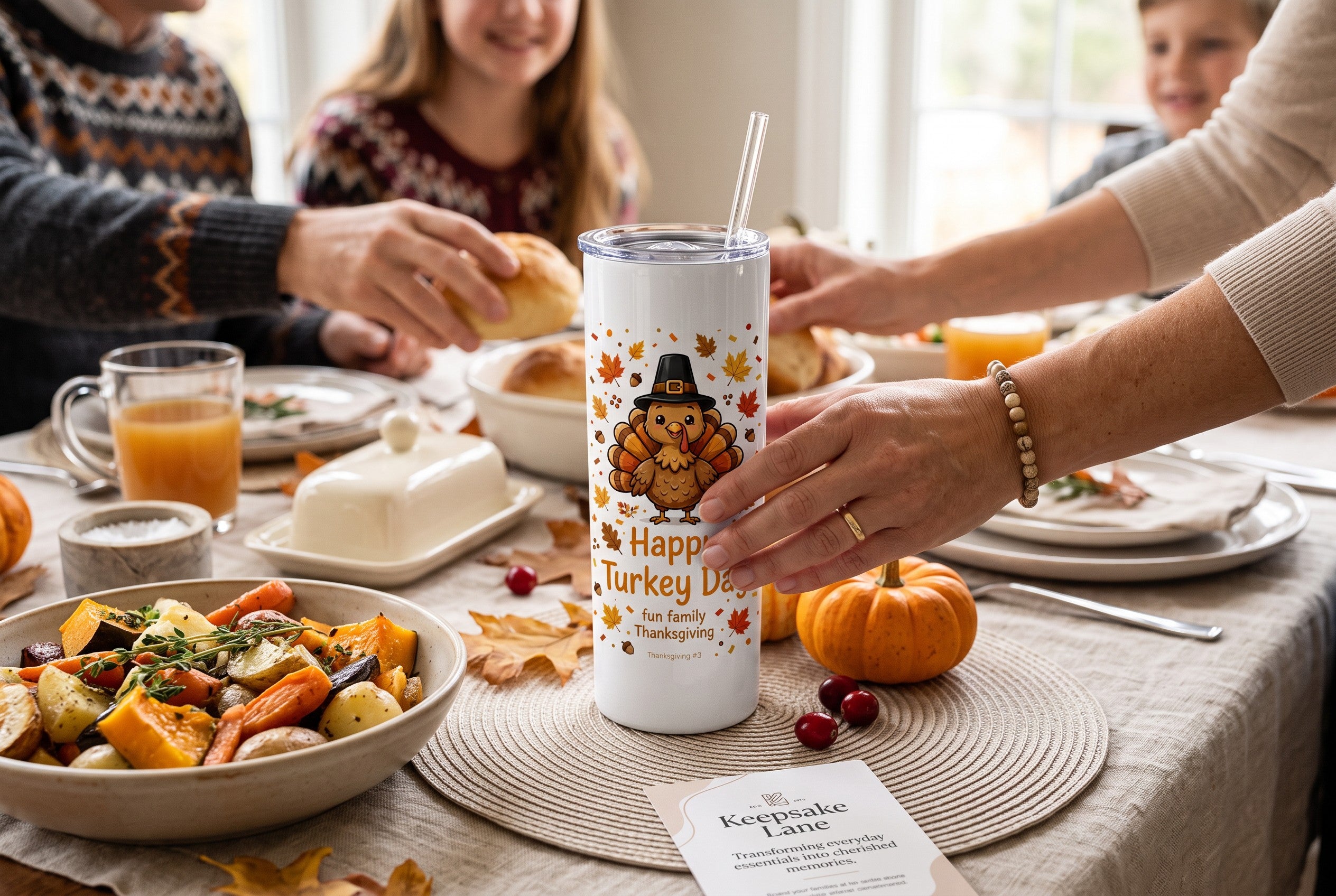 Keepsake lane stainless steel tumbler with turkey print on a Thanksgiving dinner table with family in the background