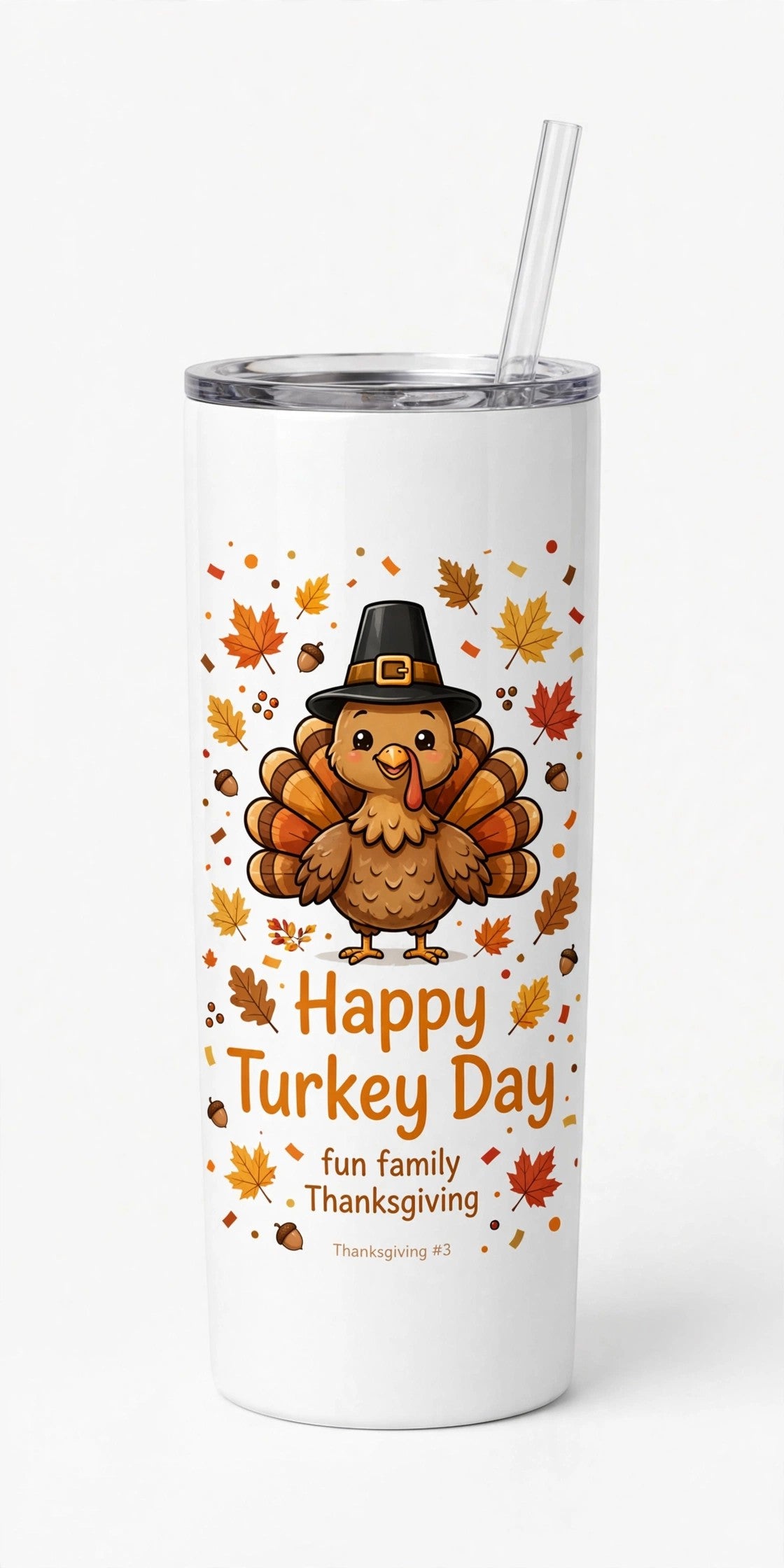 Keepsake lane white stainless steel tumbler featuring a cartoon turkey in a pilgrim hat with autumn leaves and acorns.