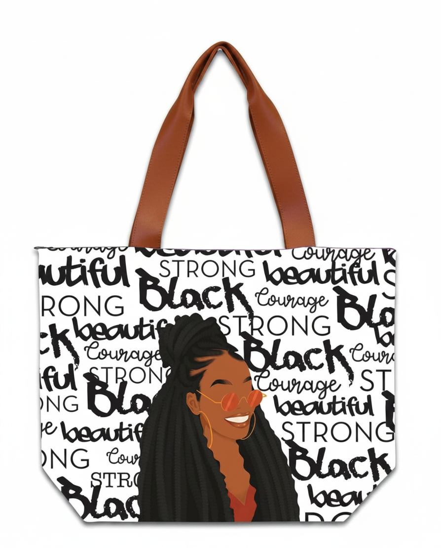 Keepsake lane tote bag featuring an illustration of a Black woman with braided hair and text art on a white background