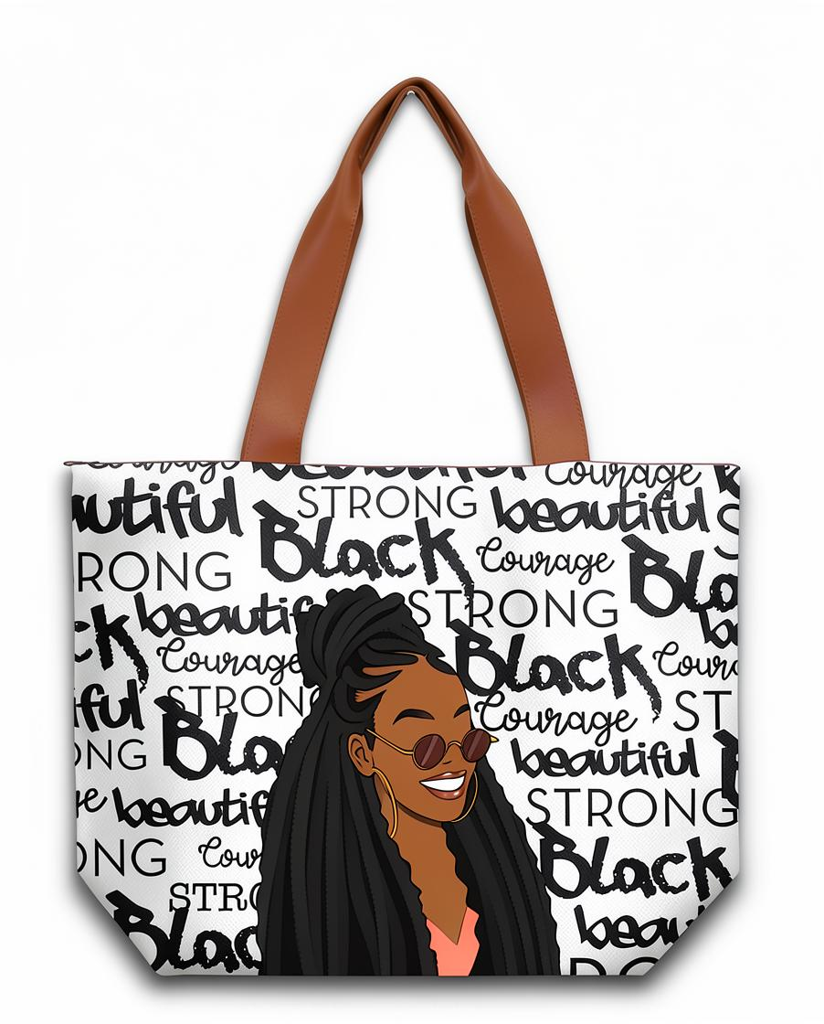 Keepsake lane tote bag featuring a Black woman illustration with inspirational text on a white background