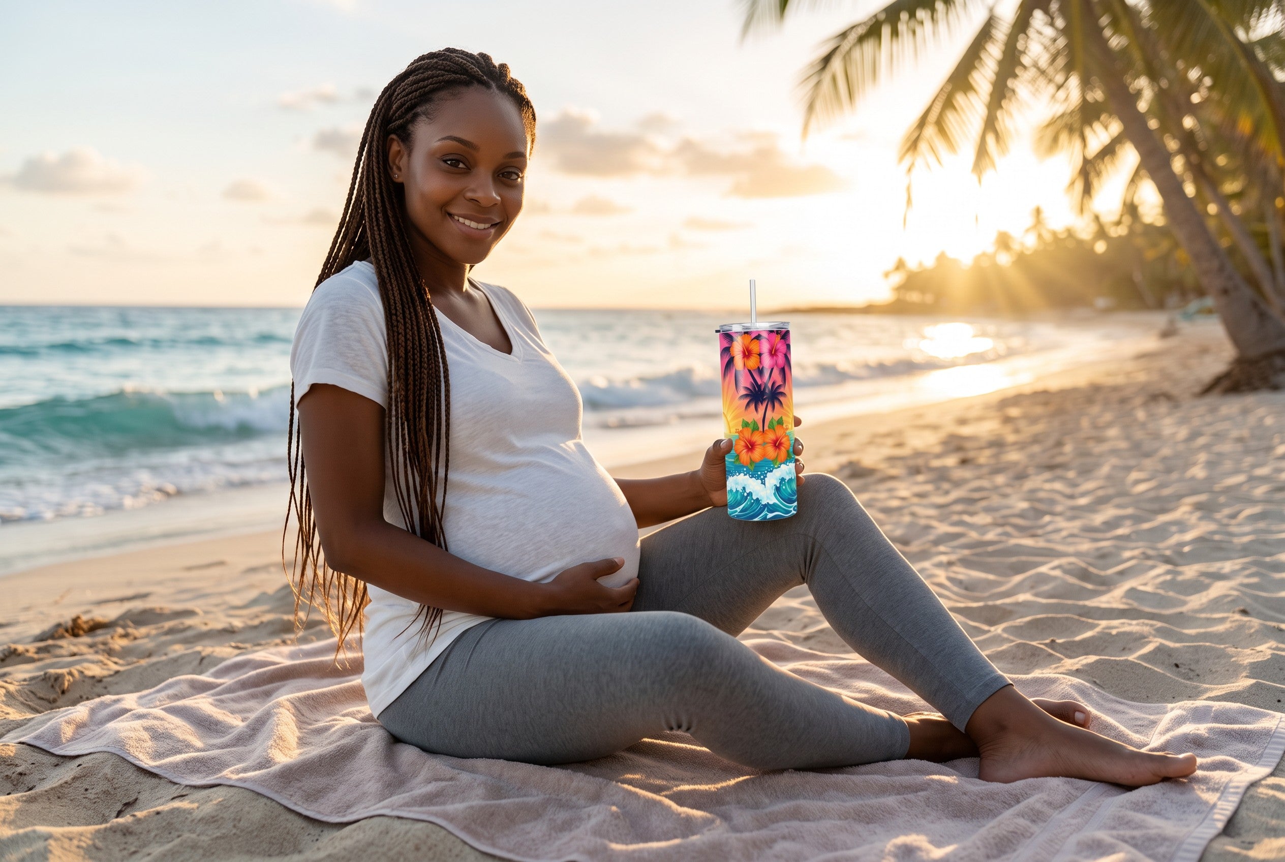 Keepsake lane insulated stainless steel tumbler with tropical sunset print held by a pregnant woman on a beach