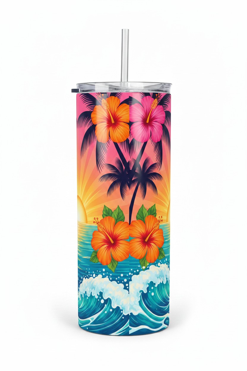 Keepsake lane stainless steel tumbler with tropical sunset, palm tree, and hibiscus flower print and reusable straw