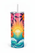Keepsake lane insulated stainless steel tumbler with tropical sunset, palm tree, and hibiscus flower print.
