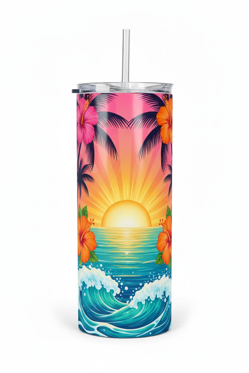 Keepsake lane insulated stainless steel tumbler with tropical sunset, palm tree, and hibiscus flower print.