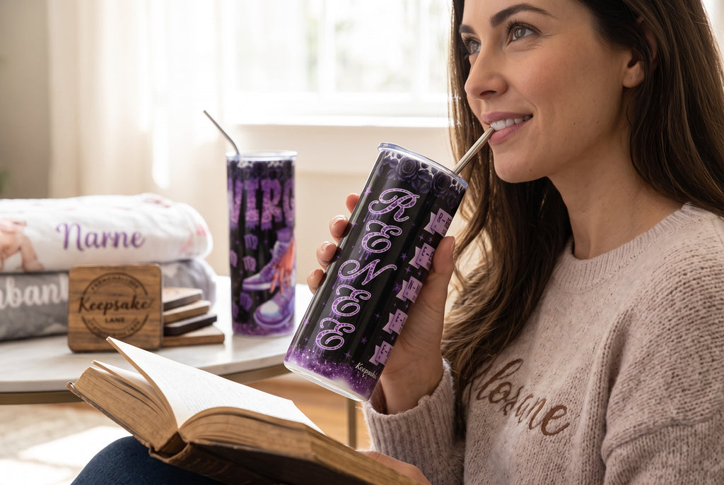 Keepsake lane personalized zodiac stainless steel tumbler in purple and black with floral and star celestial motifs.