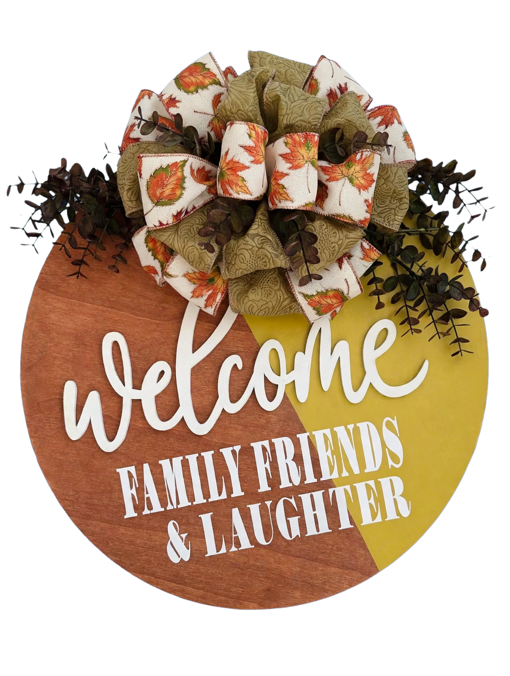 Welcome to fall! 🍁 Our 19" Welcome Family Friends & Laughter door hanger is here! $55 and Hello FALL 🍂 Our 5ft porch leaner is the perfect fall statement! $65
